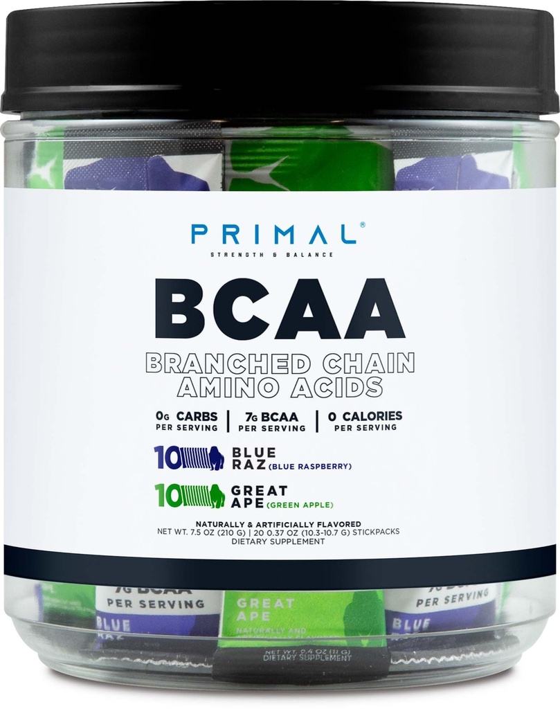 Primal BCAA Variety Pack, Blue Raspberry + Grande Ape Verde mela aromatizzato (20 Stickpacks) - 7G BCAA per porzione, Aminoacidi a catena ramificata