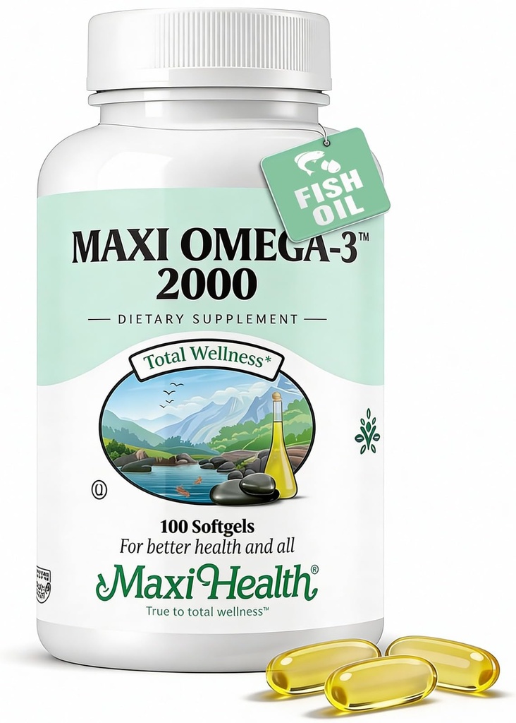 Maxi Salute Omega 3 Fish Oil 2000mg – Fish Oil Omega 3 Integratori con No Fishy Aftertaste – Tripla resistenza EPA DHA – Kosher Omega3 supplemento per aiutare il benessere generale (100 Softgels)