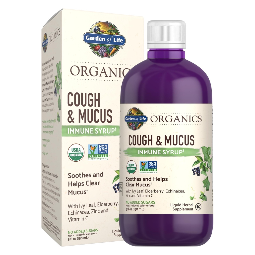 Giardino della vita Organics Elderberry Zinc Supporto Immune per adulti e bambini 12 e più vecchi, Organic Cough & Mucus Immune Syrup con Ivy Leaf, Vitamina C e Echinacea, Senza zuccheri aggiunti, 5 Fl oz