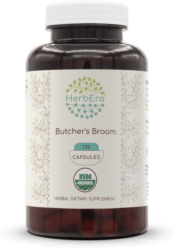 HerbEra Butcher's Broom USDA Organic 120 Capsule | Natural Herbal Supplement | Capsule Vegetariani Organici Certificati e Broom di Macellaio Organico (Ruscus aculeatus) Radice secca (120 Capsule)