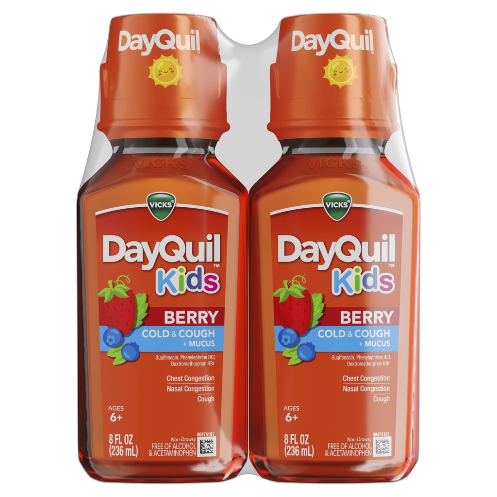 Vicks Kids DayQuil Berry Cold & Cough Medicine Co-Pack, Rilievo diurno di sintomi multipli, Grande-Tasting Berry Flavor, Libero di Alcohol & Acetaminophen, Per Età 6+, 2x8oz