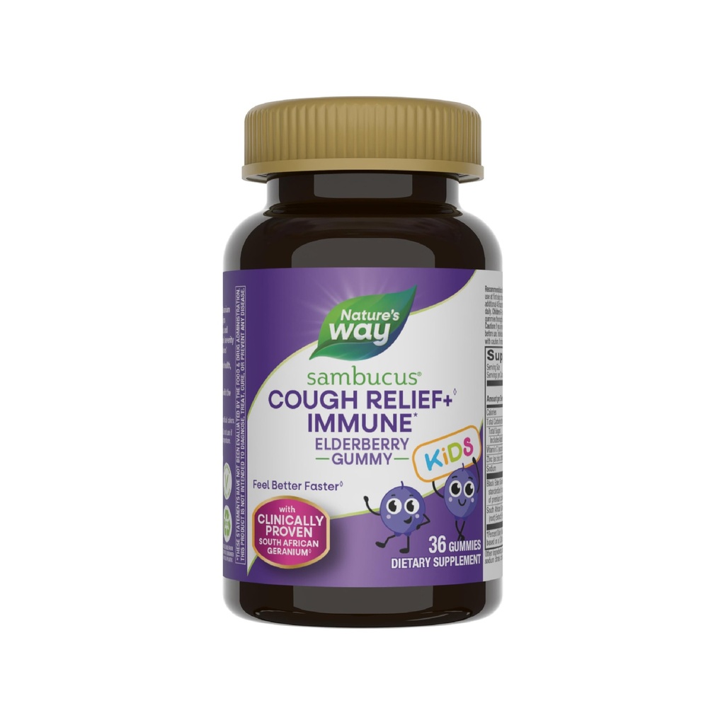 Senso di natura Sambucus Kids Cough Relief +(1) Gomma Immune*, Sentire meglio Più veloce(1), clinicamente dimostrato geranio sudafricano, con Elderberry, Vitamina C & Zinc, Gluten Free, Vegetariano, 36 Gummies