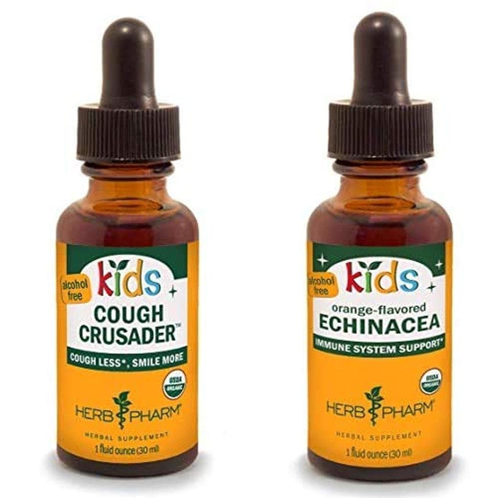 Herb Pharm Kids Certificato-Organico Alcol-Free Cough Crusader Liquid Herbal Formula, 1 Ounce & Kids Certified-Organic Alcohol-Free Echinacea Glycerite Liquid Extract, 1 Ounce