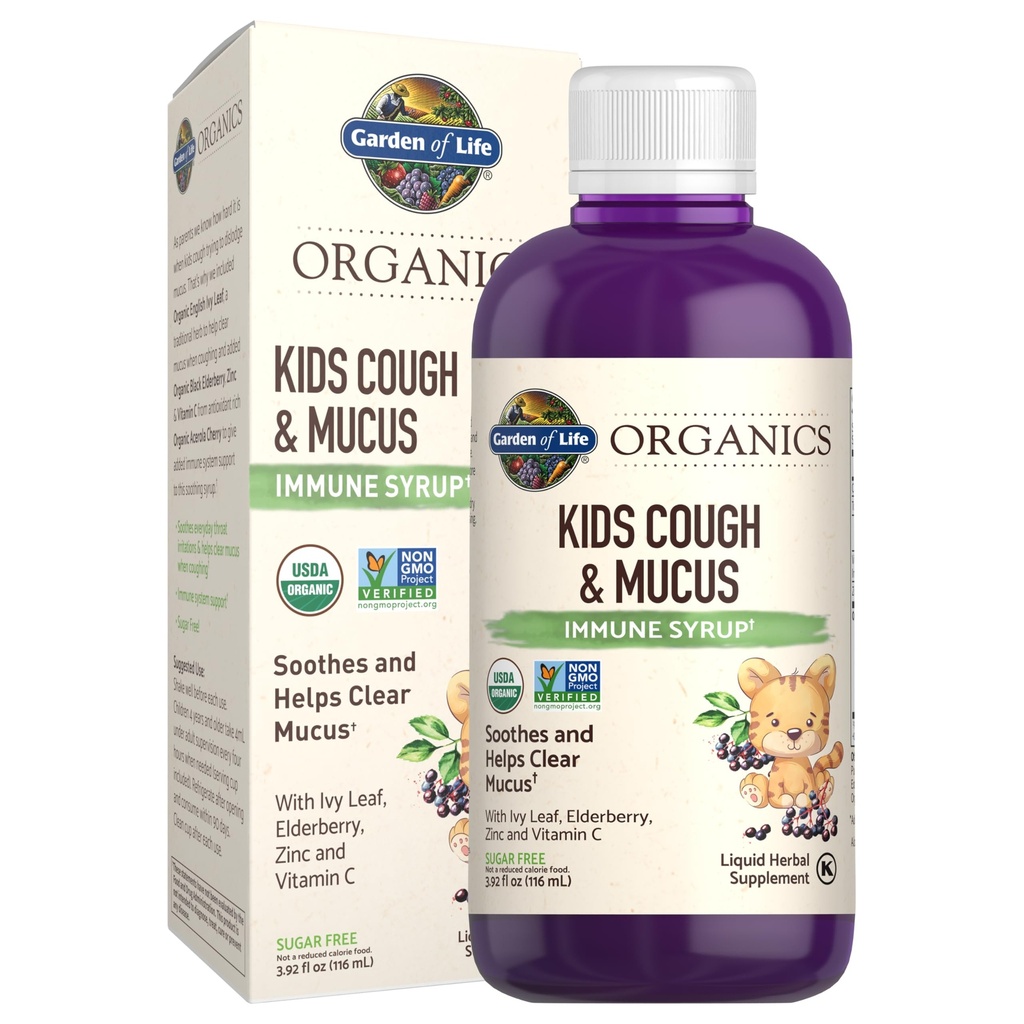 Giardino della vita Organics Elderberry & Zinc per il supporto immunitario dei bambini, Kids Cough & Mucus Immune Syrup con Ivy Leaf, Vitamina C e Echinacea per i bambini, Alcohol-Free, Senza zuccheri aggiunti, 3.92 fl oz