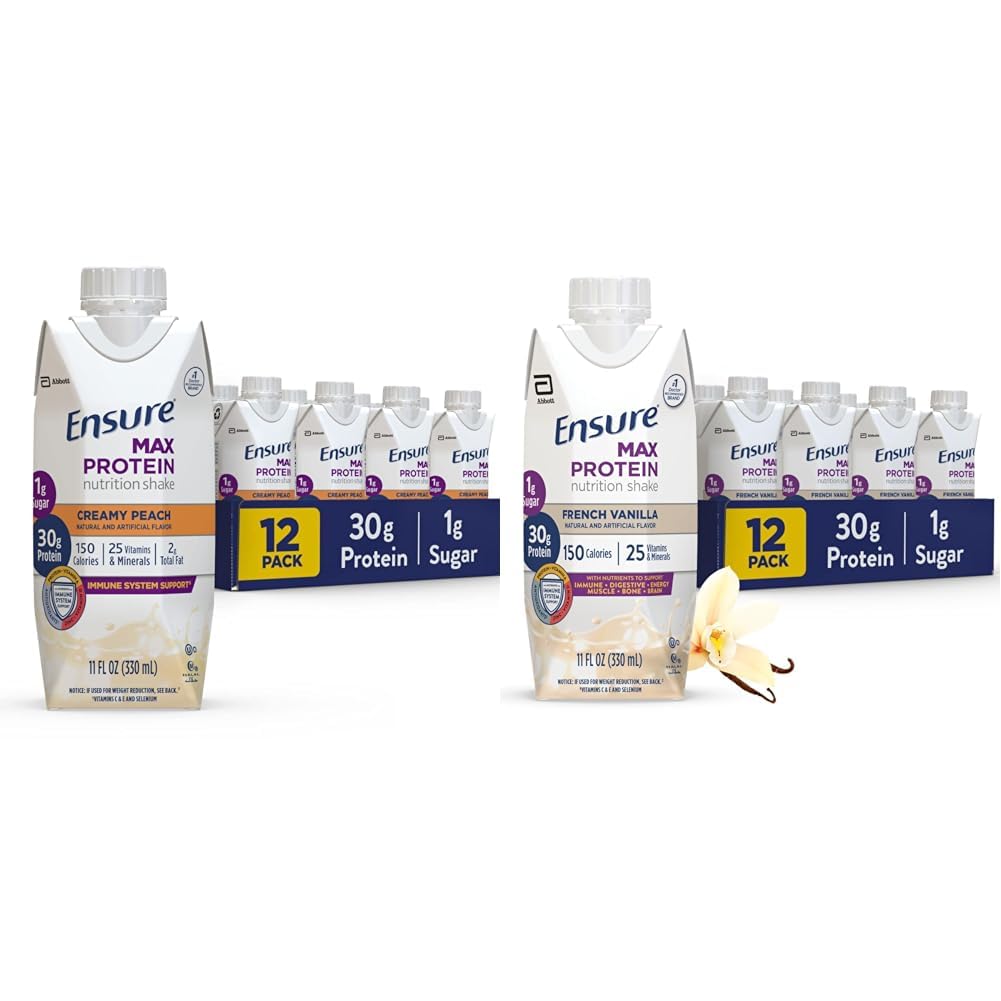 Assicurare Max Protein Nutrition Shake con 30g Protein, 1g Sugar, High Protein Shake, Creamy Peach & French Vanilla, Liquid, 11 fl oz (Pack of 12)