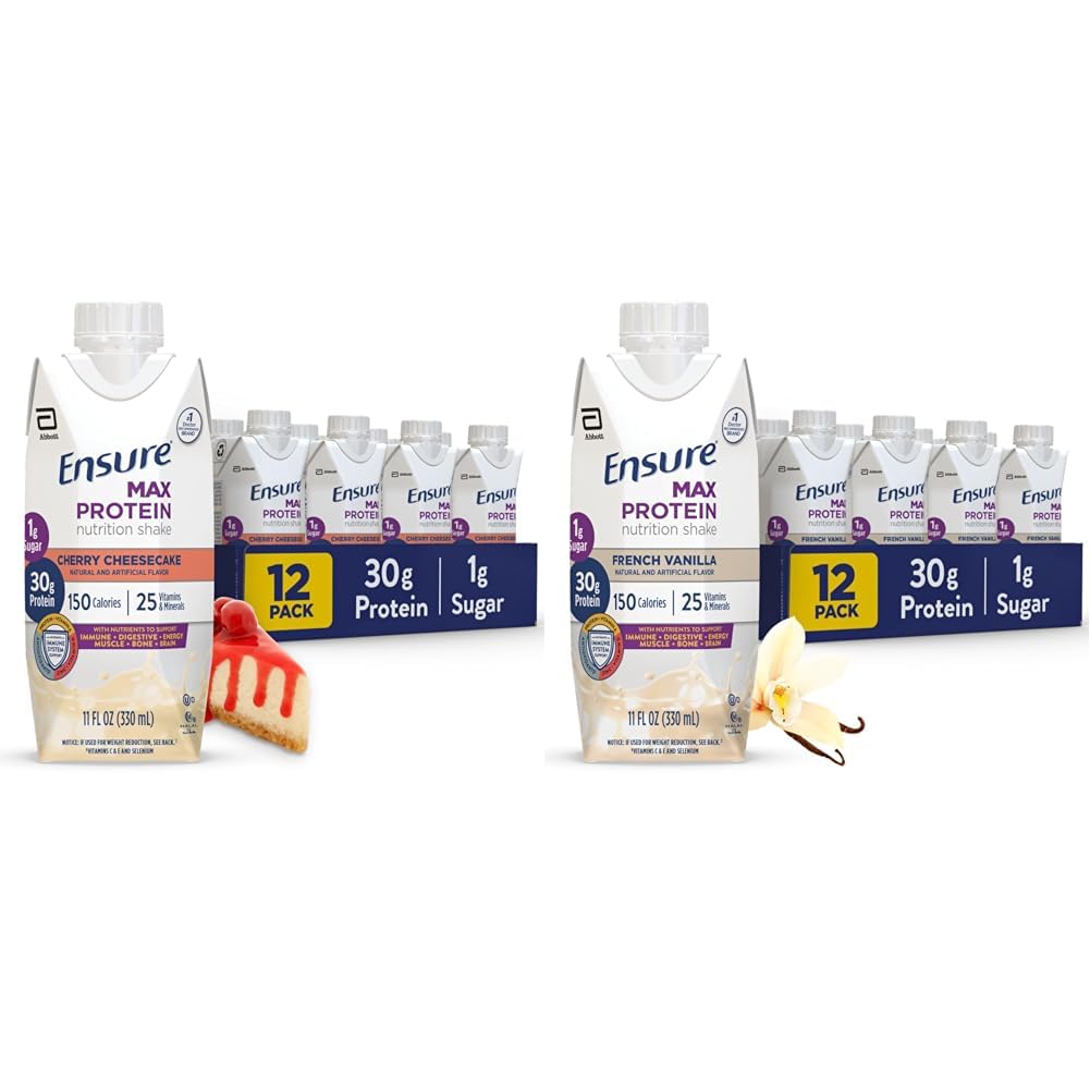 Assicurare Max Protein Nutrition Shake con 30g Protein, 1g Sugar, High Protein Shake, Cherry Cheesecake & French Vanilla, 11 fl oz, Confezione da 12