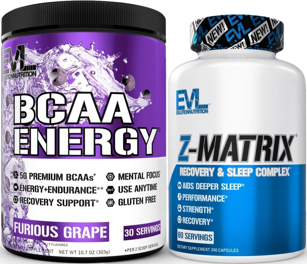 Evlution ZMatrix Magnesio e Zinc Post Workout Supplement (60 Serve) Plus Rifornire BCAAs Aminoacidi Polvere per Pre & Post Workout (Grape, 30 Serve)