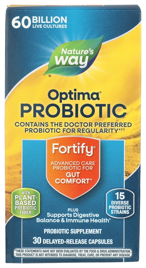 Probiotico Optima per adulti, 60 miliardi di culture dal vivo, 15 Strains, Gut Comfort*, Supporta l'equilibrio digestivo e la salute immunitaria*, Tenere refrigerato, 30 capsule (Packaging May Vary)