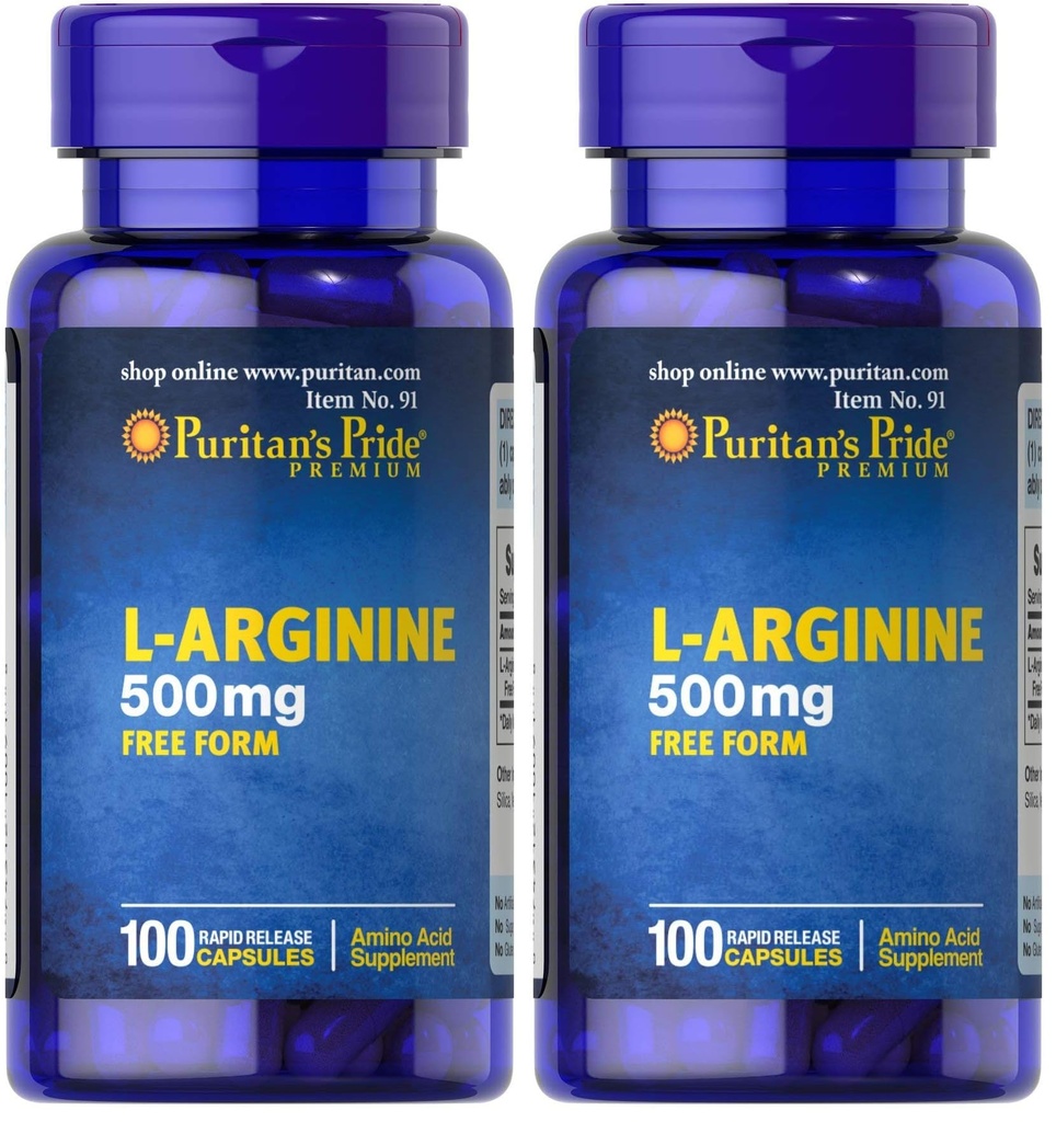 Puritan's Pride L-Arginina 500 mg, Heart Health Support, 100 Conte (Pack of 2)