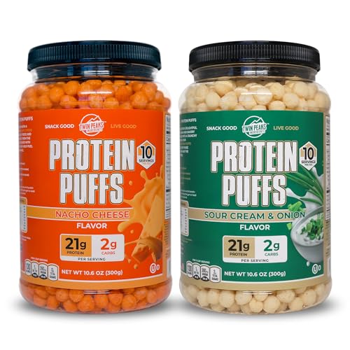 Twin Peaks Low Carb, Keto Friendly Protein Puffs Combo Pack, 1 Jug Sour Cream Puffs + 1 Jug Nacho Cheese Flavor Puffs