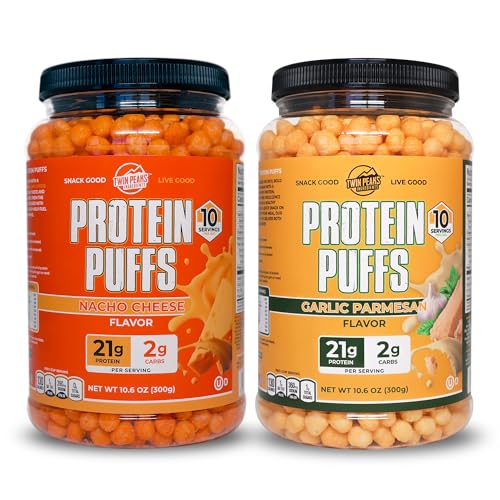 Twin Peaks Low Carb, Keto Friendly Protein Puffs, 1 Jug Aglio Parmesan Flavor Puffs + 1 Jug Nacho Cheese Flavor Puffs