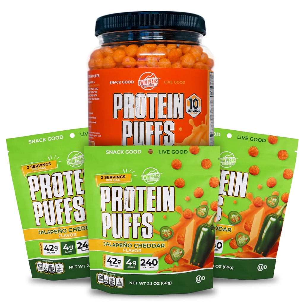 Twin Peaks Low Carb, Keto Friendly Protein Puffs, 3 Borse di Jalapeno Cheddar Puffs + 1 Jug Nacho Cheese Flavor Puffs