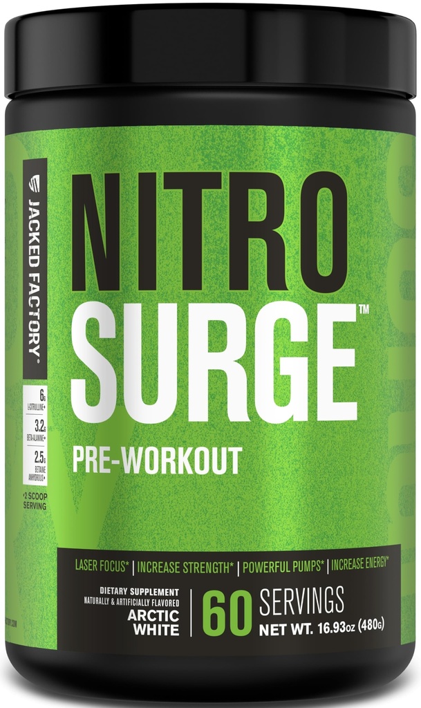 Jacked Factory NITROSURGE Pre Supplemento di allenamento - Energia senza fine, Gains di resistenza istantanea, messa a fuoco trasparente, pompe intenzionali - NO Booster & Potente Preworkout polvere di energia - 60 Serve, Bianco artico