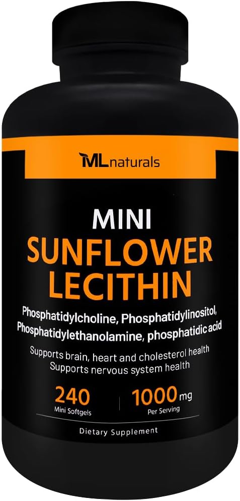 ML Naturals Mini Sunflower Lecithin 240 Softgels. Phosphatidylcholine, Phosphatidylinositol, Phosphatidylthanolamine, Acido fosfatidico, NSF-Certified & cGMP-Compliant