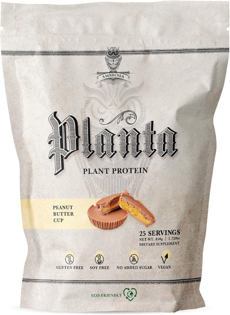 Ambrosia Planta - Premium Plant-Based Protein | Vegan & Keto Friendly | Guurmet Flavors with No Bloating or Stomach Upset | Gluten & Soy Free | No Aggiunto Sugar | 25 Servings | Peanut Butter Cup