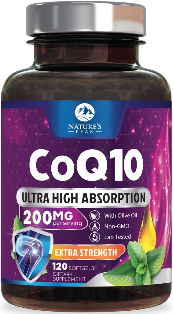 CoQ10 Softgels - Ultra High Absorption Coenzyme Q10 200mg Per Serving - Co Q 10 Softgel Integratore Con Pepe Nero, Energy & Heart Support Antiossidante - per Donne & Uomini, Bottigliato USA - 120 Softgels