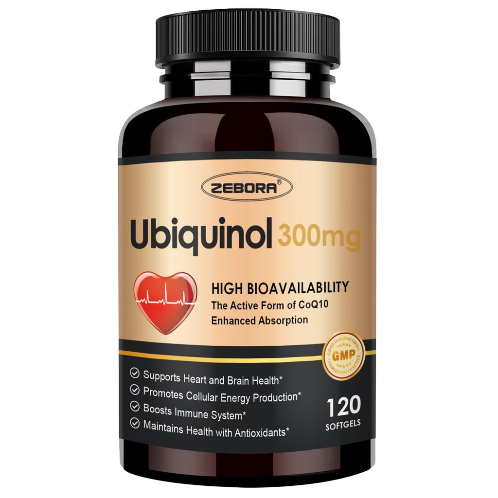 ZEBORA Ubiquinol CoQ10 300mg Softgels, 4-in-1 Antiossidante potente per il cuore e la salute vascolare, Essenziale per la produzione di energia, Max Absorption Forma attiva di CoQ10, 120 Softgels
