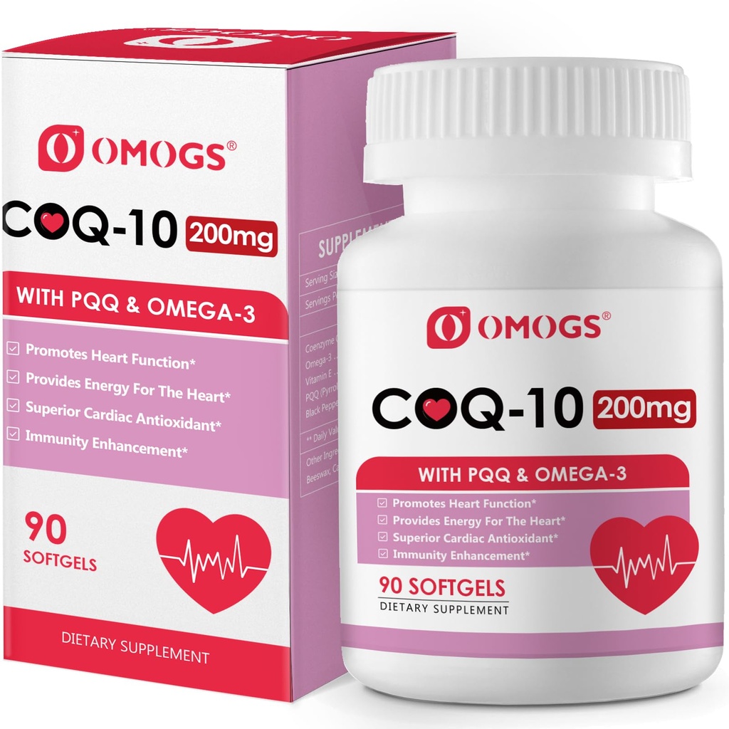 OMOGS CoQ10 200mg Softgels, Coenzyme Q10 Integratori ad alto assorbimento supportano la salute cardiaca, la salute cardiovascolare, il sistema immunitario e la produzione di energia cellulare, senza glutine, 90 Softgels