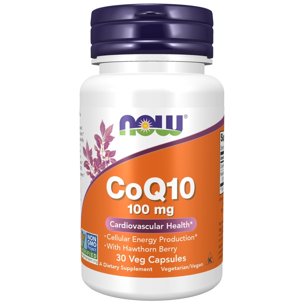 NOW Integratori alimentari, CoQ10 100 mg con bacche di biancospino, Grado farmaceutico, Forma All-Trans prodotta da Fermentazione, 30 capsule di veg