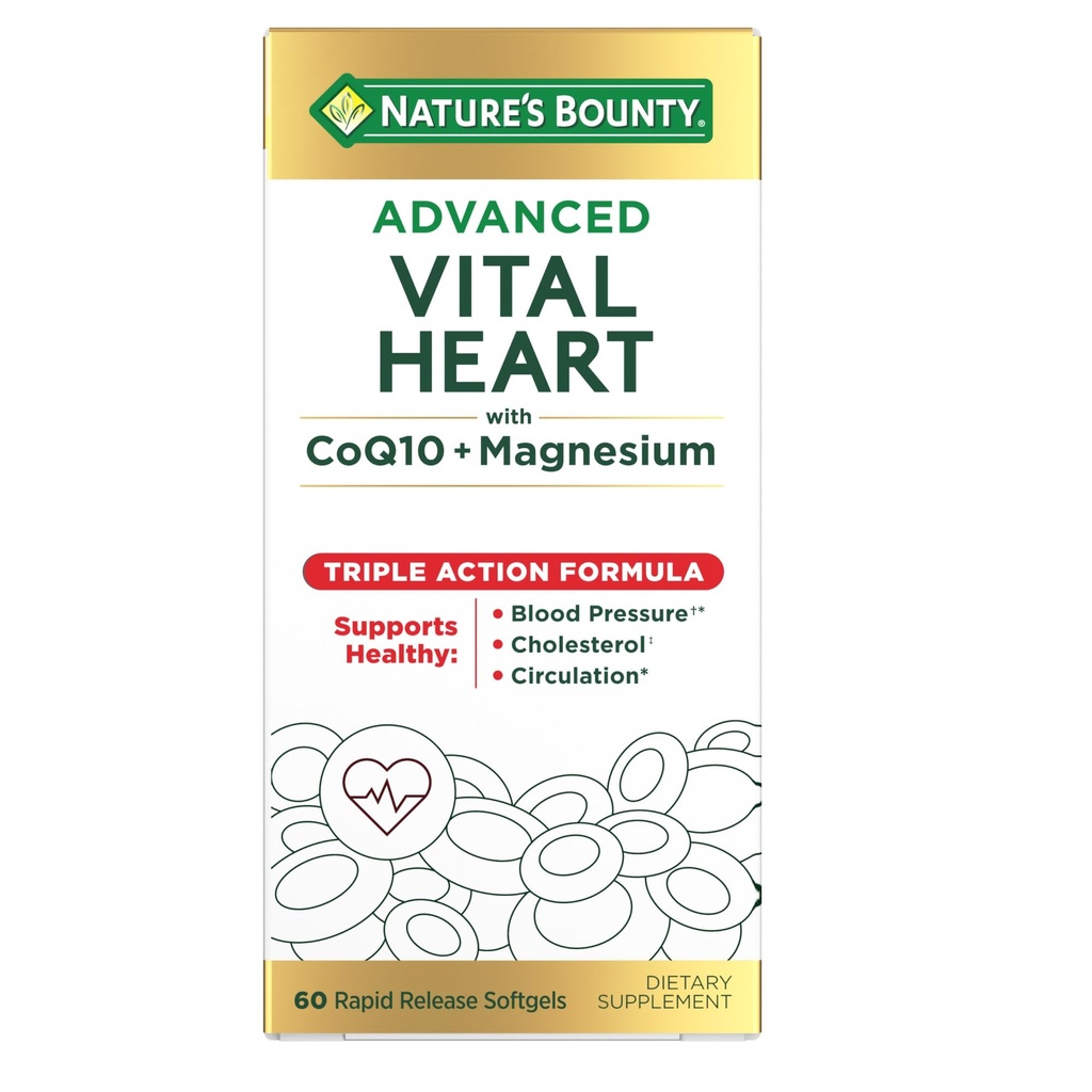 Cuore vitale avanzato di Bounty della natura con CoQ10 + Magnesio, Antiossidante, Supporta la pressione sanguigna sana, colesterolo, Circolazione, Formula di azione tripla, CoQ10, Supplemento di magnesio, 60 Softgels