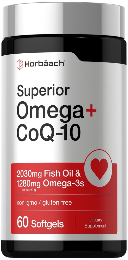 Horbaach Omega con CoQ-10 | 60 Softgels | 2030mg Fish Oil | 1280mg Omega-3s | Non-GMO, Gluten Free