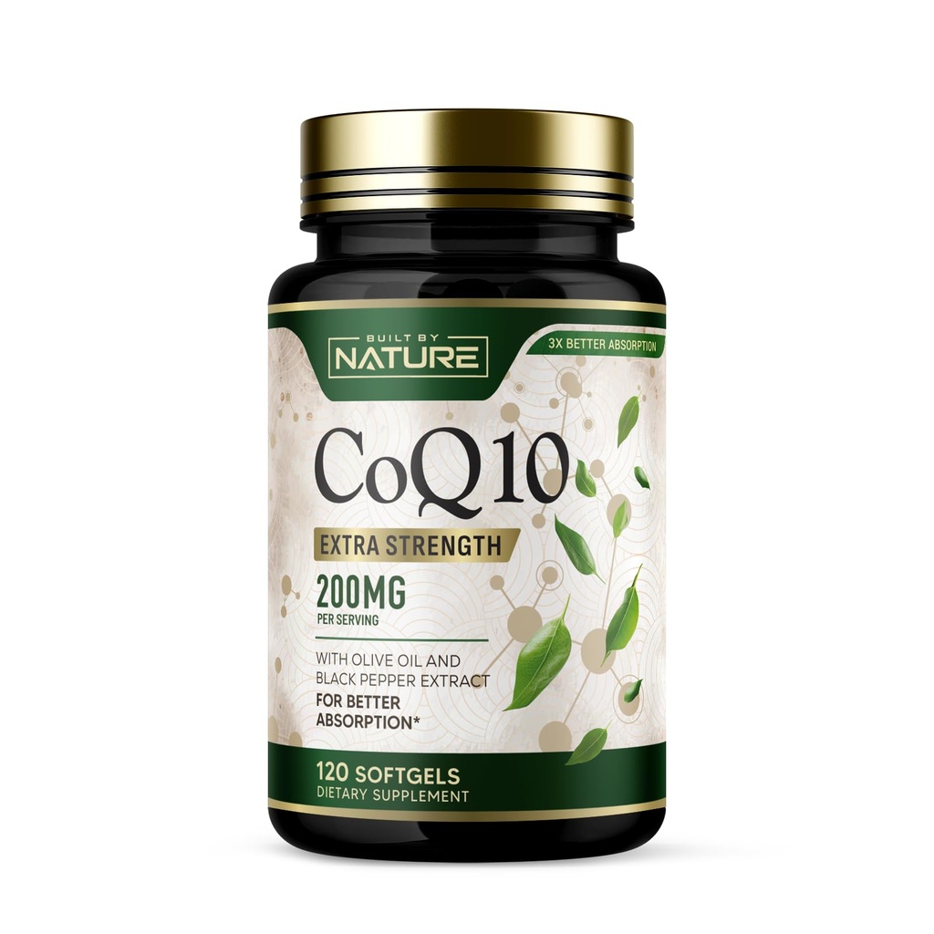 Costruito da Nature CoQ10 200 mg – Coenzyme Q10 con olio d'oliva e pepe nero per l'assorbimento elevato – Supporta la salute e l'energia del cuore – Supplemento antiossidante– 2 mesi di alimentazione, 120 Softgels