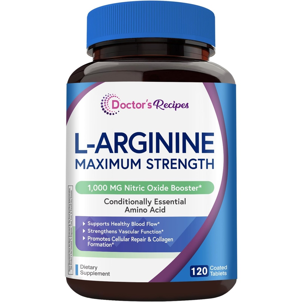 L-Arginina 1000mg, Dose Massima, Produzione di Ossido Nitrico, Flusso di Sangue e Funzione Vascolare, Endurance e Workout Supporto per Uomini e Donne, 120 compresse rivestite