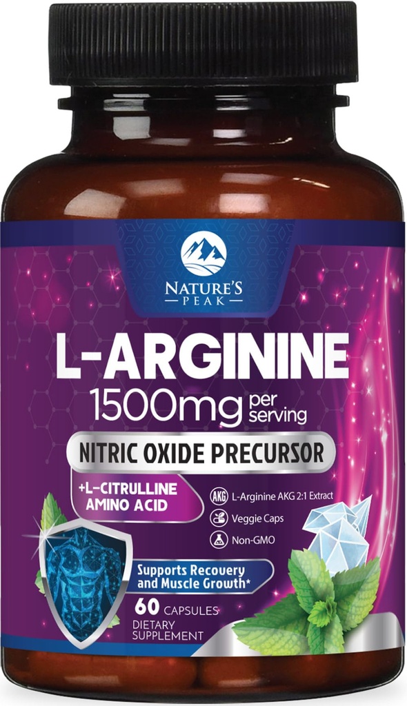 L-Arginina Complex - Supplemento Nitric Oxide Oxide Extra - Miscela Premium Energy per la Salute Naturale del Cuore e il Supporto Muscolare - Non-GMO, Made per Uomini & Donne, Bottigliato USA - 60 Capsule