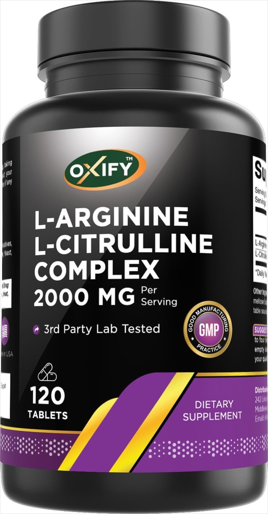Oxify L-Arginina L-Citrulline Complex 2000 mg Per Serving | 120 compresse | Gluten-Free, Non OGM | Supplemento Made in USA
