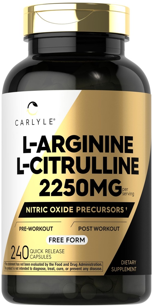 Carlyle L-Arginina L-Citrulline Supplemento | 2250mg | 240 capsule di polvere | Precursori di ossigeno nitrico | Forma libera | Non-GMO & Gluten Free