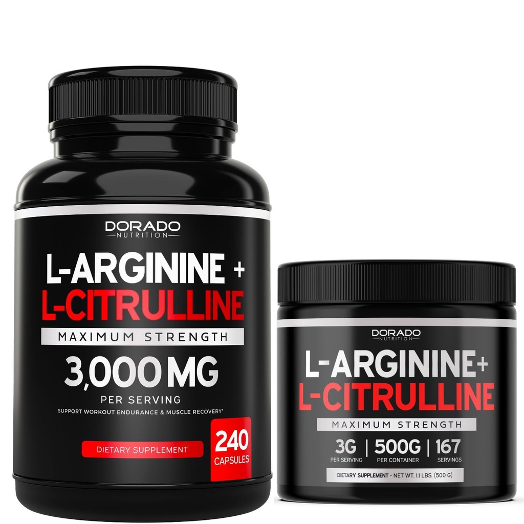 L Arginina L Citrullina (240 Conte) - Pillola di Ossido Nitrico per Stamina & Endurance e L Arginina L Citrullina Polvere (3g) - Polvere di Ossido Nitrico Booster per Performance & Endurance - Vegan & USA Made