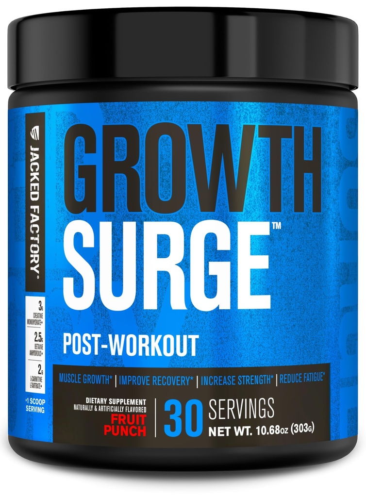 Jacked Factory Growth Surge Creatine Post Workout w/L-Carnitina - Daily Muscle Builder & Recovery Supplement with Creatine Monohydrate, Betaine, L-Carnitine L-Tartrate - 30 Serve, Fruit Punch