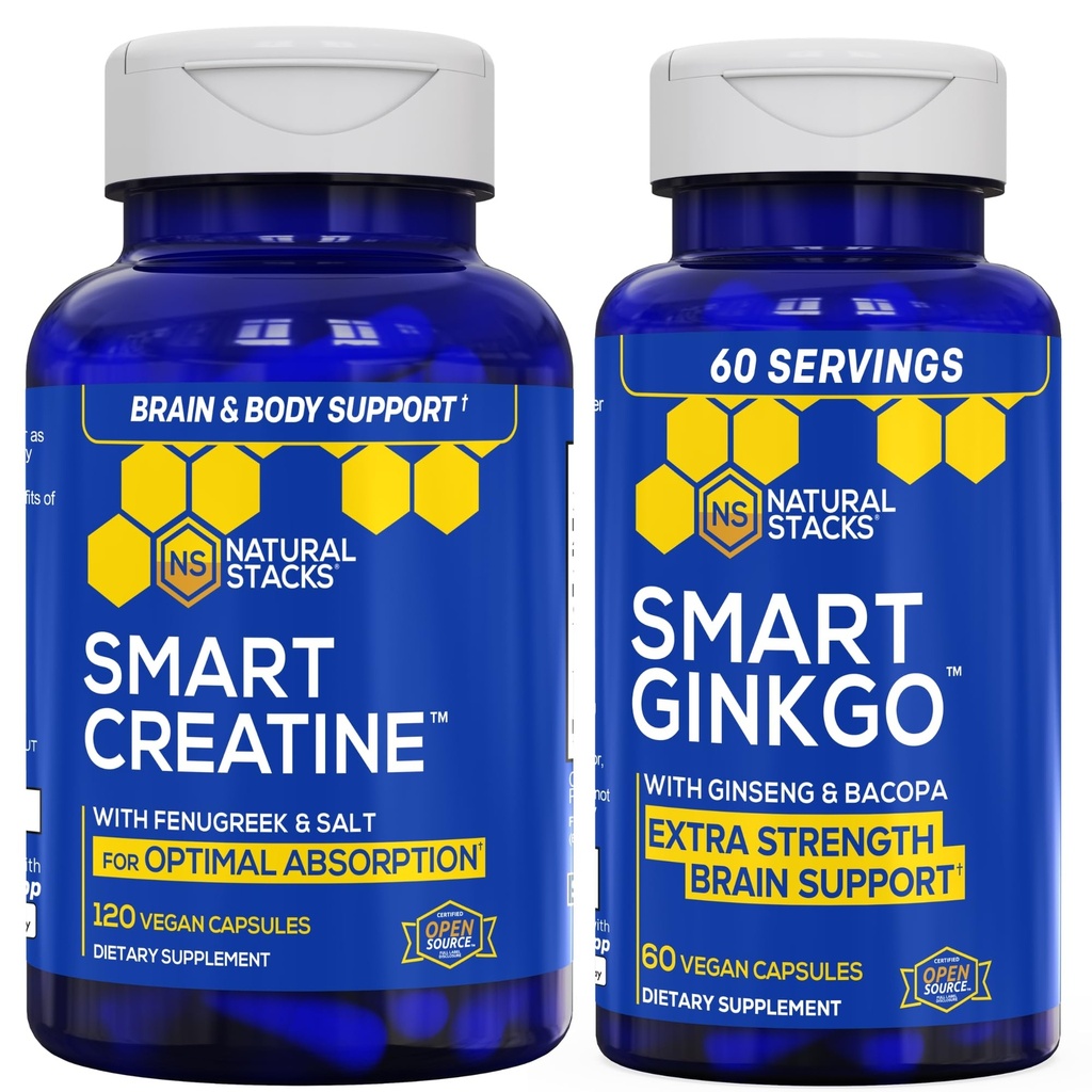 NATURAL STACKS Ginkgo Biloba + Creatina Monoidrato Bundle - Advanced Absorption Formula* - Supporto per cervello ad alta resistenza* - 180 Capsule Totali
