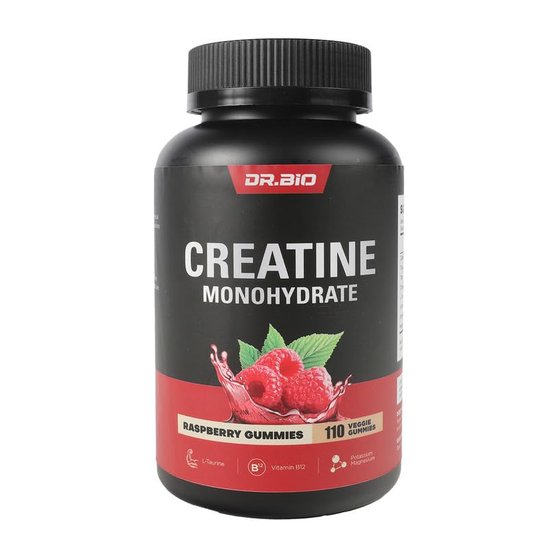 DR.BIO Creatina Monoidrato Gummies per l'energia e il supporto muscolare, Pre-Workout complesso Creatina per le donne e gli uomini con 5000mg Creatina, L-Taurine, B12, Mg e K, Vegan, Red Raspberry, 110 Conte