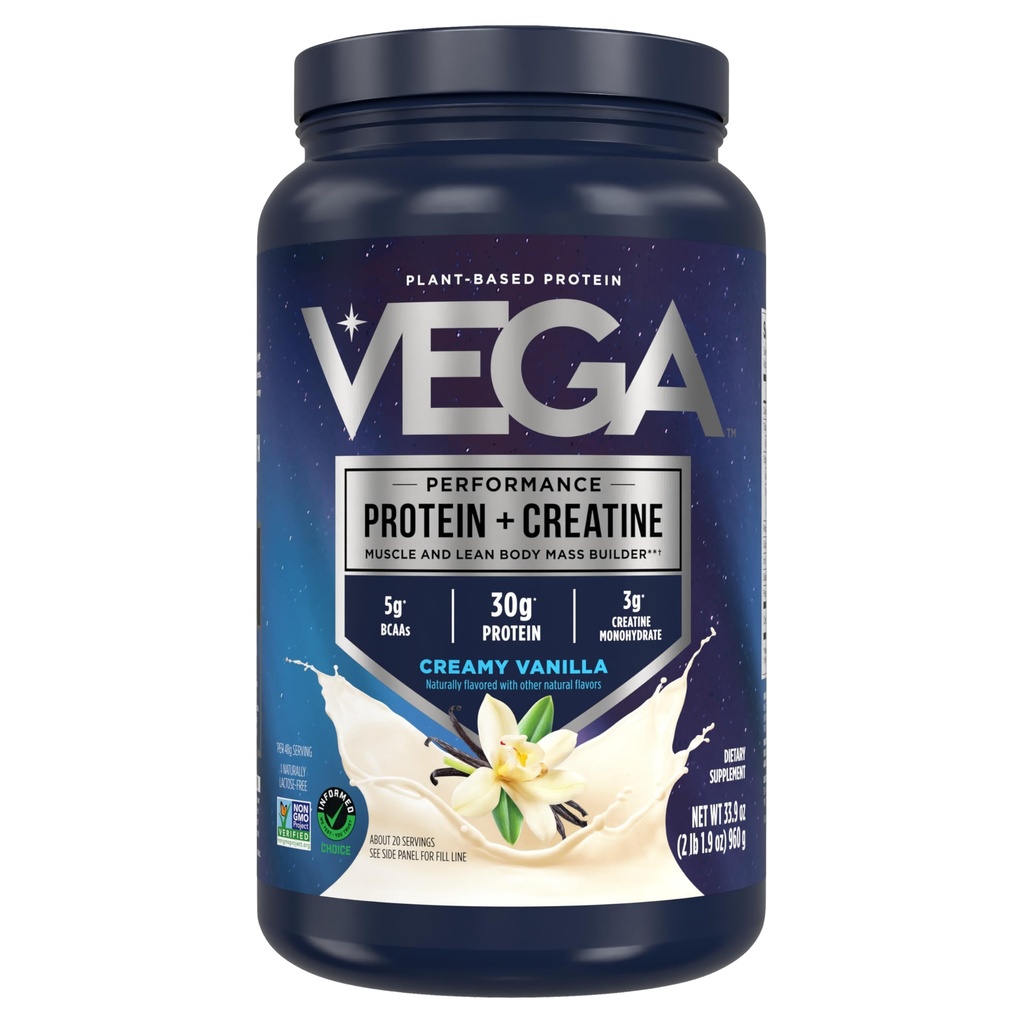 Vega Protein + Creatina - 30g Proteine Basate dalle piante, Vanilla, 20 Serve, 3g Creatina, 5g BCAAs, Vegan, Keto, Gluten Free, Dairy Free, Carb basso, per la crescita e la riparazione del muscolo, Beva Mix, 33.9oz