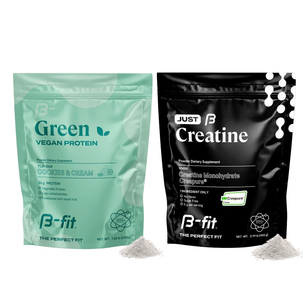 B-FIT B Vegan Protein + Just Creatine - Pea Protein Powder 600g - Plant Based Protein Shake - Creatina Monoidrato Polvere - Creapure - 90 Serve - 450 g