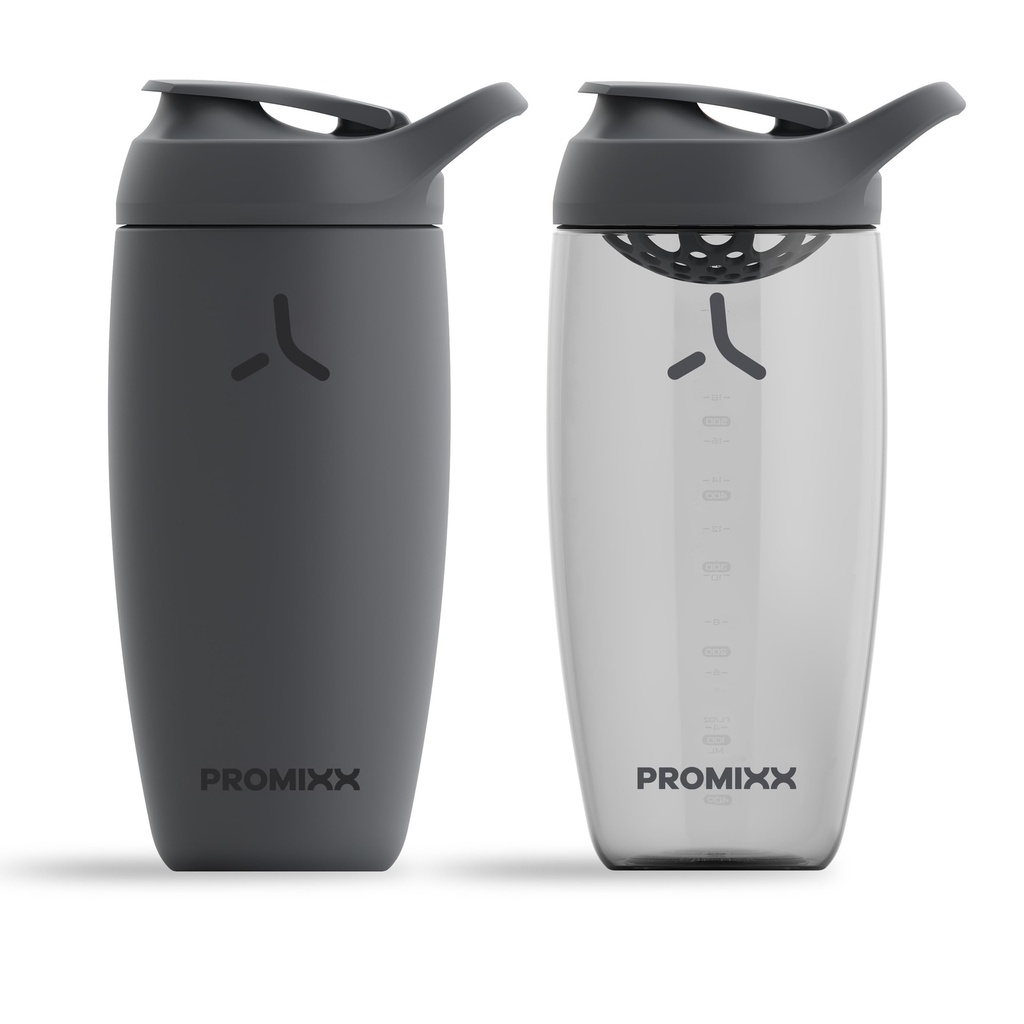 Promixx PURSUIT Protein Shaker Bottiglia 2-Pack – Bottiglie di frullatore sportivo Premium per miscele di proteine e frullati di supplemento – 1 Acciaio inossidabile 550ml, 1 Ecozen 700ml – Grigio di grafite