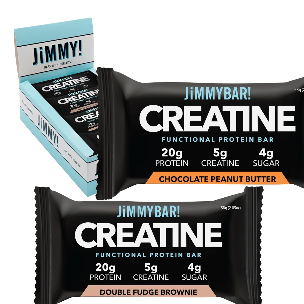 JiMMYBAR! Creatina Protein Bar - 5g di Creatina Monoidrato + 20g Protein - High Protein Snack - Supporta la crescita del muscolo, la resistenza e il recupero - Barra di energia alimentare reale per gli atleti | 6 Burro di arachidi al cioccolato + 6 Fudge Brownie Variety Pack (12 bar)