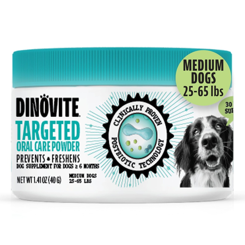 Polvere dentale del cane Dinovite, Detergente e Denti per la pulizia del respirazione senza spazzole con probiotici e postbiotici, Trattamento del respiro cattivo di cura orale, Cani medi, Made in USA, alimentazione di 30 giorni