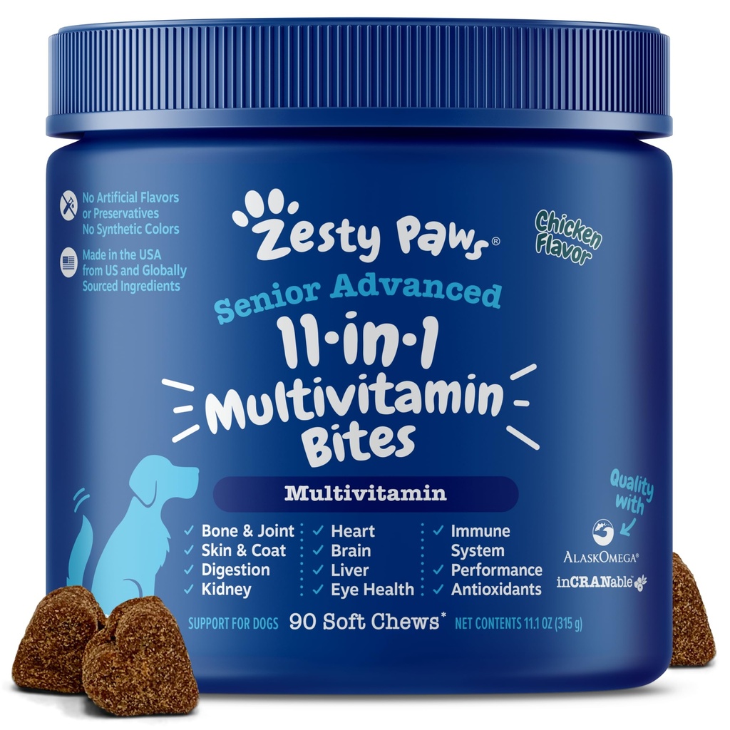 Zesty Paws Senior Dog Multivitamin Trattamenti - Glucosamina per Cani + Enzimi Digestivi & Probiotici - Grain Free Dog Vitamins and Supplements for Skin & Coat + Immune Health Chicken - Advanced - 90ct