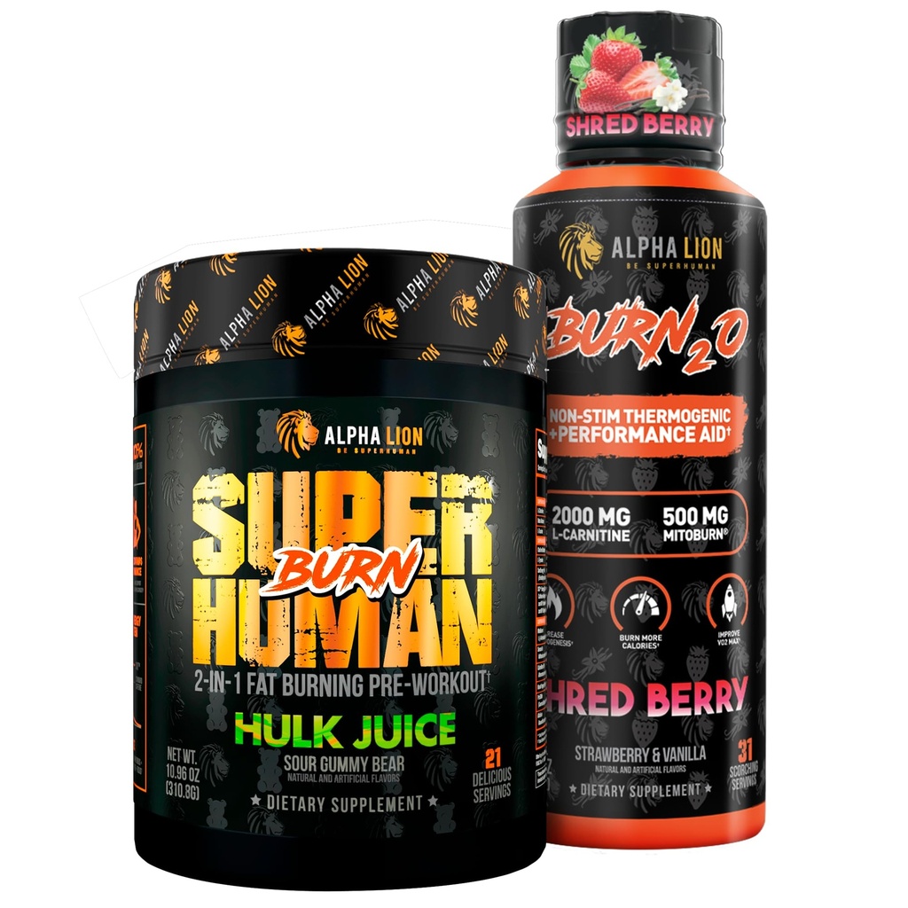 ALPHA LION Stubborn Fat Loss Stack – Superhuman Burn Pre Workout + Burn2O Liquid L-Carnitine 2000mg (ShredBerry) – 2-in-1 Thermogenic Fat Burning Stack per uomini e donne