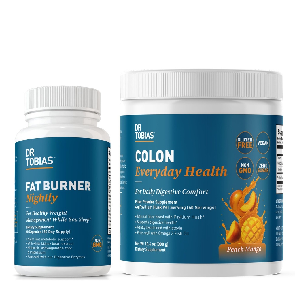 Dr. Tobias Fat Burner Nightly & Colon Everyday Health Peach Mango – Nighttime Metabolism Support & Daily Psyllium Fiber Drink per la salute digestiva
