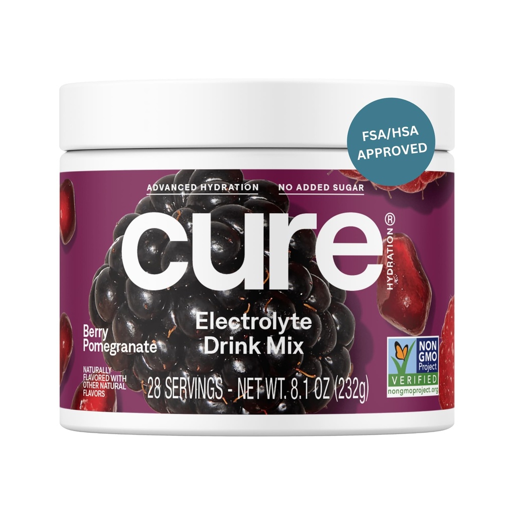 Cure Hydration - Electrolyte Drink Powder Berry Pomegranate 28 Servings | Plant-Based Dehydration Relief Mix Made with Coconut Water, No Added Sugar, Vegan, Non-GMO, Gluten Free, FSA-HSA Eligible