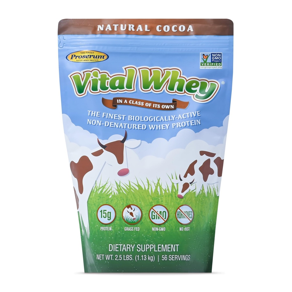 Grass-Fed Whey Protein Polvere per vitalità immunitaria, Cacao naturale 2.5lbs (56 Serve), 15g Protein Per Serve, Vital Whey, Olistica pulita, Benessere Nutrizione