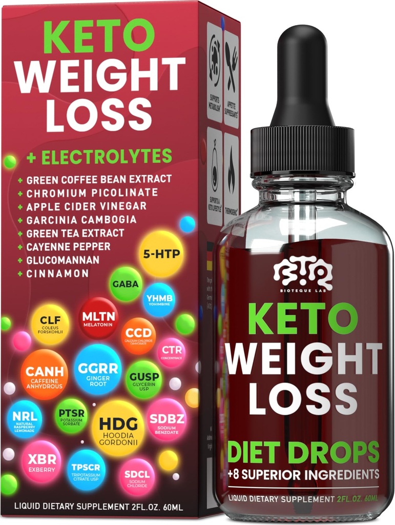 Gocce di dieta di perdita di peso Keto, Suppressore naturale dell'appetito, Bruciatore grasso per le donne e gli uomini con sidro di mela, Estratto di chicco di caffè verde, Cinnamon, Metabolismo di pepe di Cayenne Booster