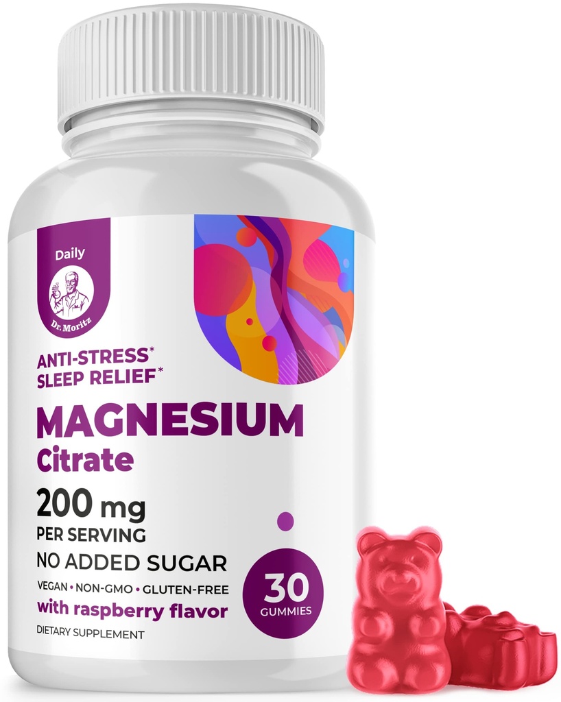 DR. MORITZ Magnesio Citrato Gummies per Adulti - Zucchero-Free calma Magnesio Gummies - Supporta la salute cardiovascolare- Raspberry Flavor - Non-GMO, 200 mg (30 Conte)