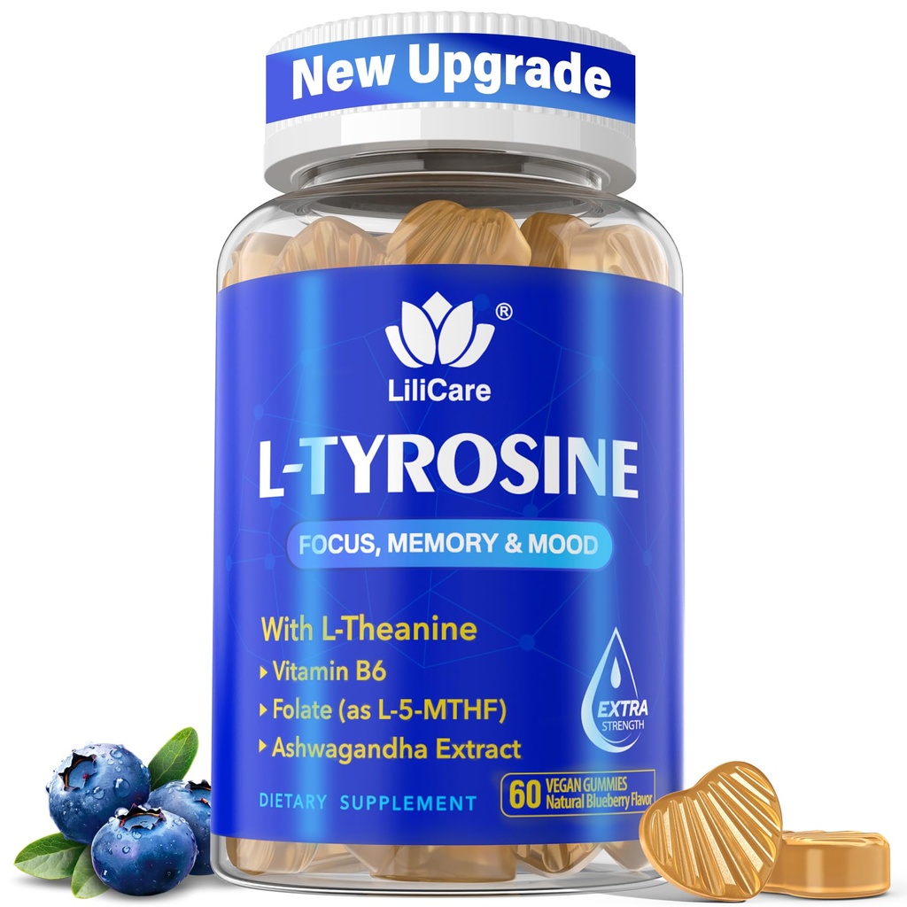 L Tyrosine Focus Supplemento Gummies 1100mg per adulti, Integratori del cervello per la memoria e la messa a fuoco, L-Tyrosine Gummies con Ashwagandha, I-teanina per calma e umore - Vitamina B6 & B9 per Energy-Vegan, 60ct