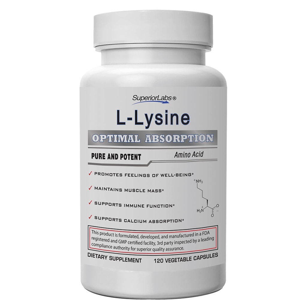 Labs superiori L-Lysine 500 mg Capsule, Pure Non-OGM, Terze Parti Testate, Senza Filler, Senza Glutine, Supporta Sistema immunitario, Promuove l'assorbimento del calcio, 120 Caps