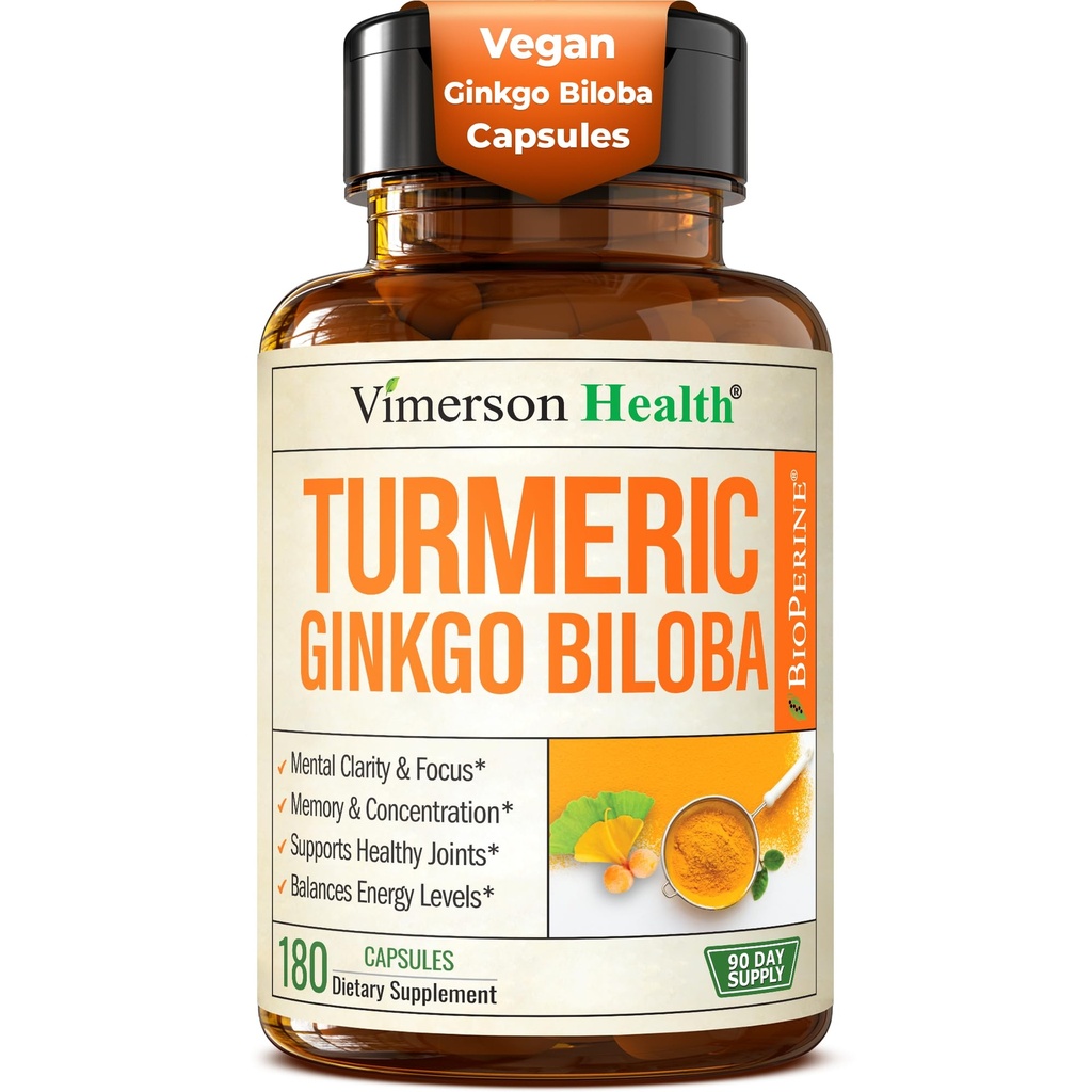 Ginkgo Biloba Supplemento con curcumina e pepe nero per alto assorbimento - Ginko Biloba Capsule con Curcuma per messa a fuoco, supporto di memoria, Joint & Brain Health - NonGMO - 180 Vegan Capsule