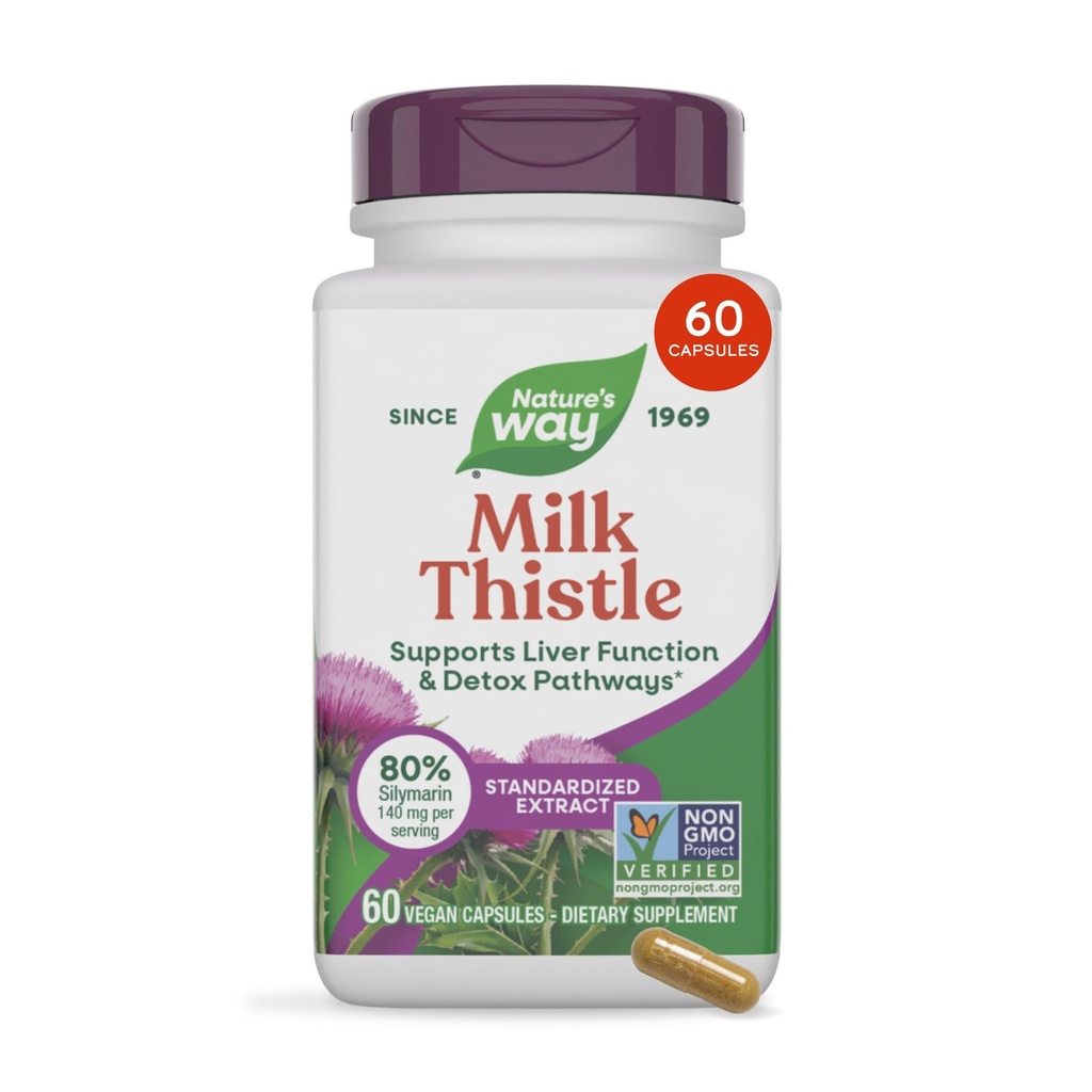 Natural's Way Milk Thistle, Supporta la funzione epatica & Liver Detox Pathways*, 175 mg di latte Estratto di semi di Thistle Standardizzato al 80% Silymarin per Serving, Vegan, 60 capsule (Packaging May Vary)